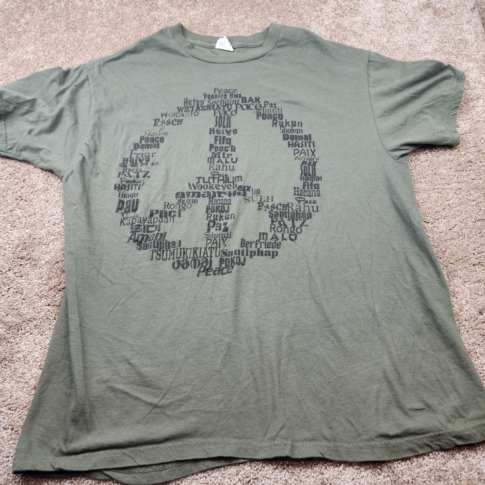 Quail Hollow Womens Peace Sign Graphic T Shirt Olive Green Languages Cotton L